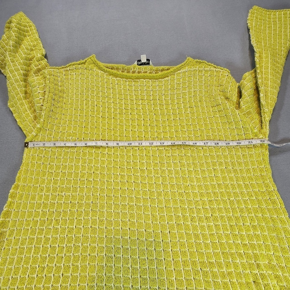 Davi & Dani Waffle Knit Sweater Womens L Yellow Bell Sleeve Boho Boat Neck - Picture 5 of 7